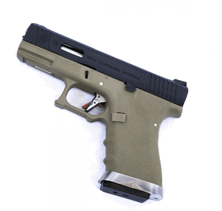 WE E FORCE 19 PISTOL TAN BLACK SLIDE AND SILVER BARREL