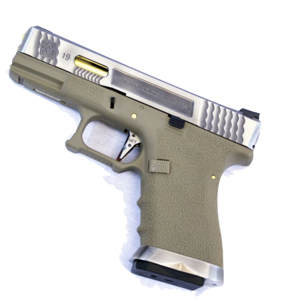 WE E FORCE 19 PISTOL TAN SILVER SLIDE AND GOLD BARREL